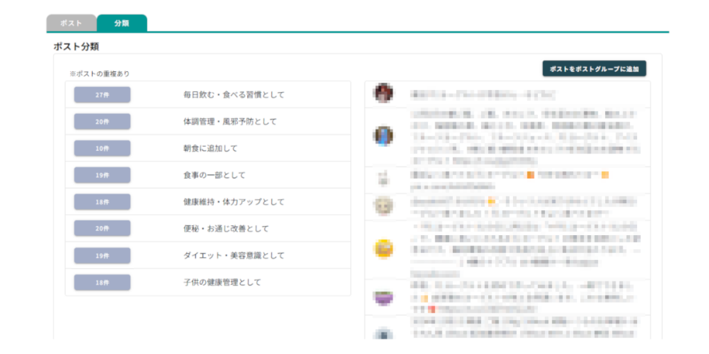 投稿内容を読み解いて自動で分類し、ユーザーが特徴的に発話している内容を確認